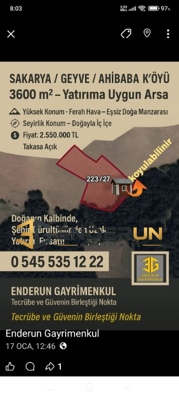 Sakarya Geyve Ahibaba K&ouml;y&uuml;nde  Satılık Tarla